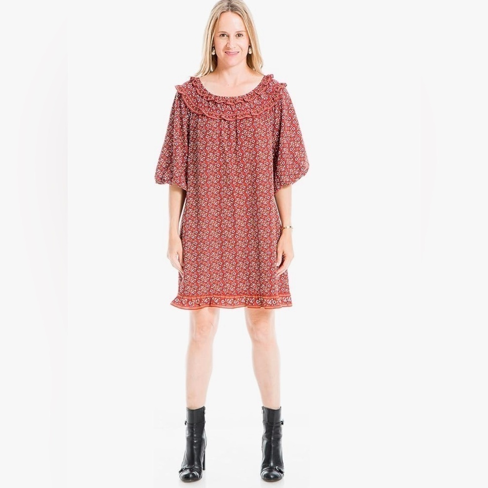 NWT Max Studio Women’s Floral Print Boho Off-Shoulder Ruffle Dress Brown Sz S